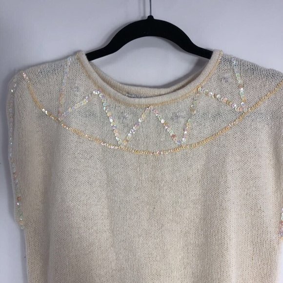 Alyssa Brooke Womens Sweater Vest Beige Crew Ribbed Hem Sequined Silk Blend S - Picture 2 of 10